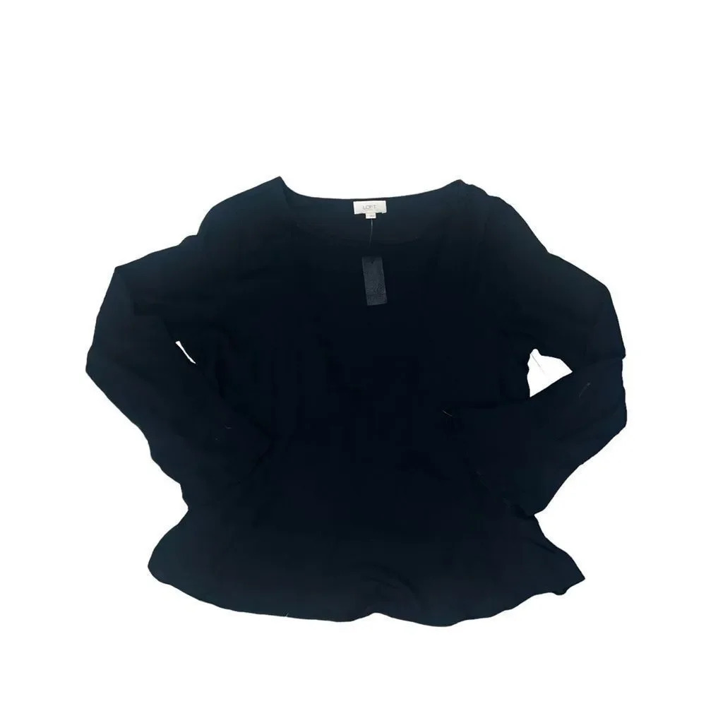 NWT Loft Women's Long Sleeve Scoop Neck Peplum Black Loose Sheer Blouse Sz Large